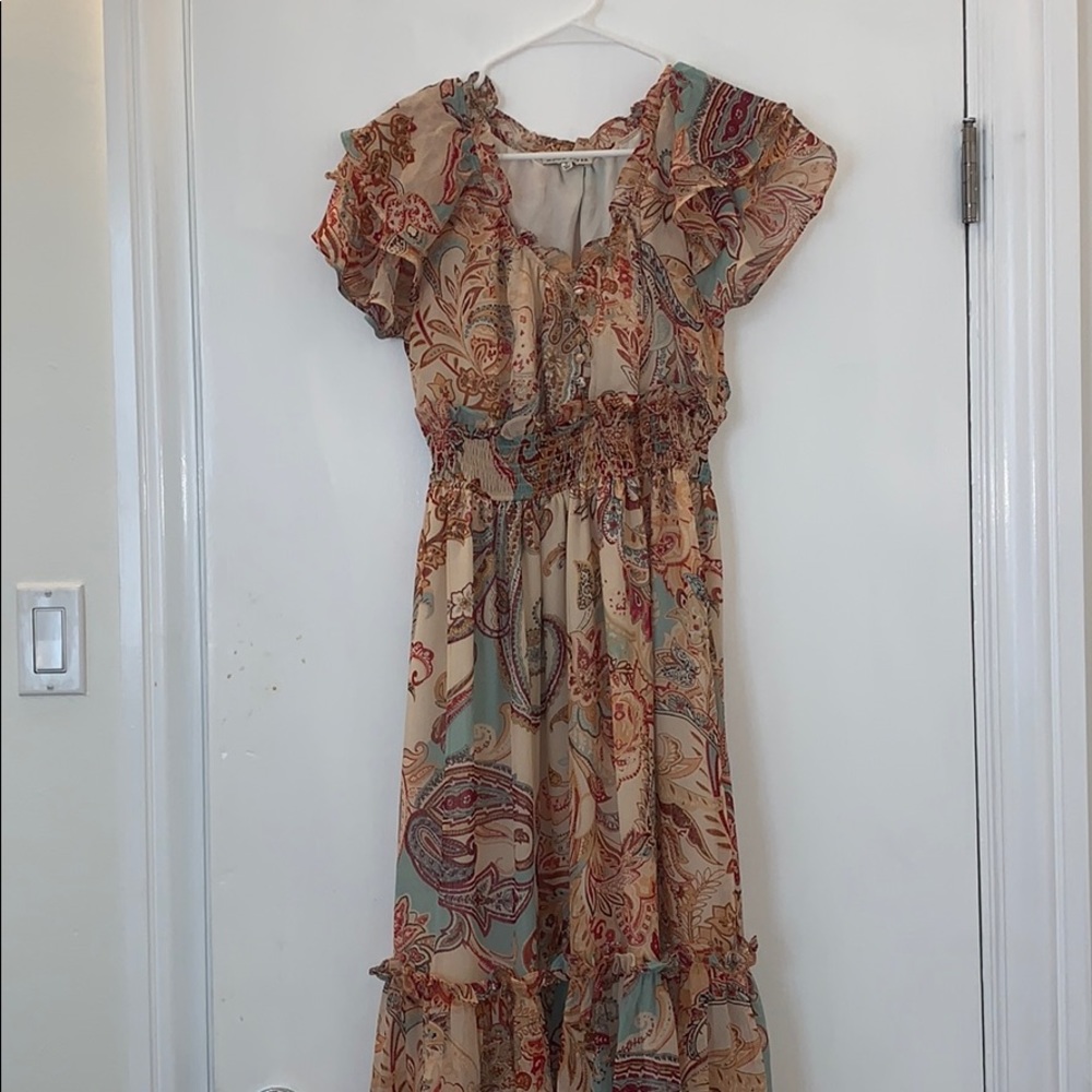 Moon river boho print maxi ruffle dress, small